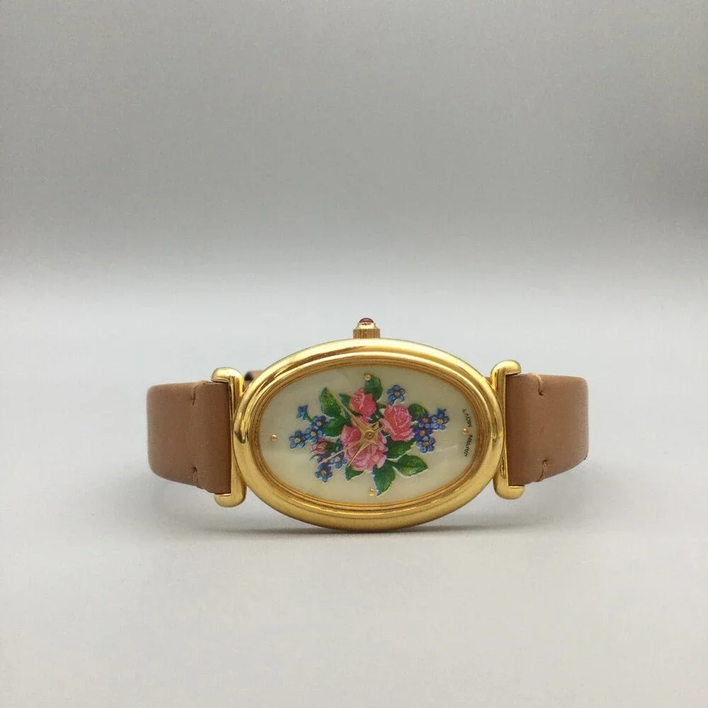 Avon Watch Women 24mm MOP Floral Dial Gold Tone Leather Band New Battery - Picture 5 of 15